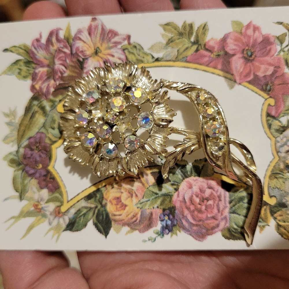 Floral Brooch Rhinestone Accents ~ Silver-tone Metal ~ Pretty ~ MISSING STONES